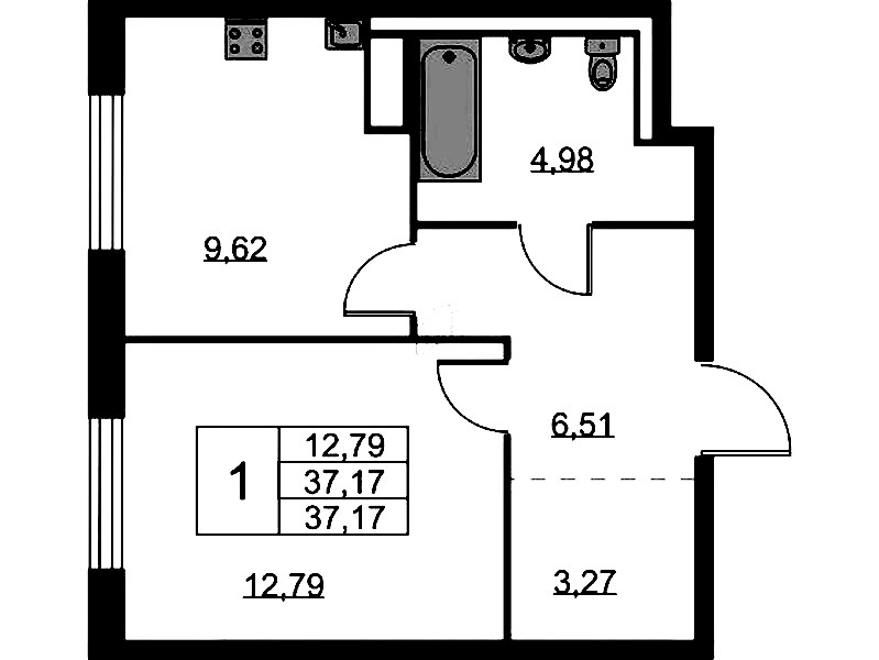 1-комнатная квартира 37.17 м², 8/9 эт., ЖК «Квартал Лаголово»